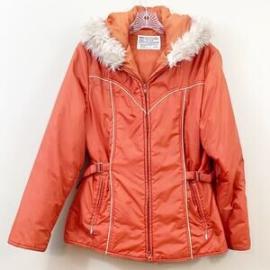 Vintage Burnt Orange Fur Hooded Ski Jacket